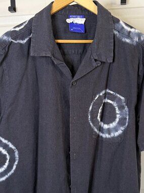 Without Walls Linen Cotton Camp Collar Shirt XL Black Circle Print